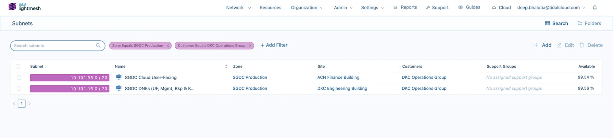 LightMesh advanced filtering by subnet, with filters set to Zone: SGDC Production and Customer: DKC Operations Group