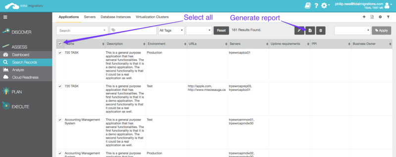 Select all your applications and generate a report