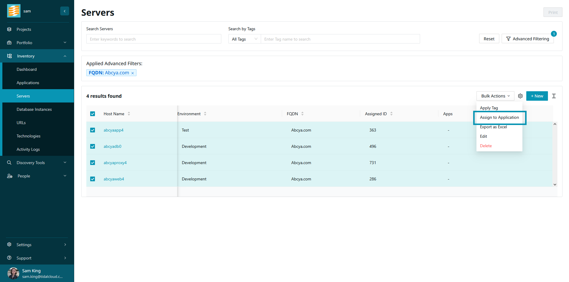 Assigning a bulk action to selected Servers.