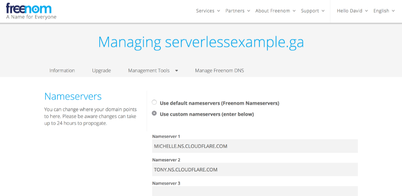 Be sure to enter your cloudflare DNS servers where you registered your DNS name