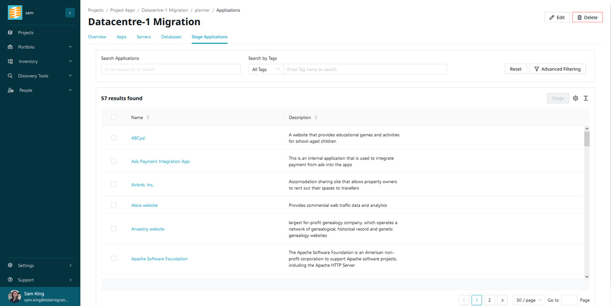 Tidal Accelerator Migration Wave Planner stage application view