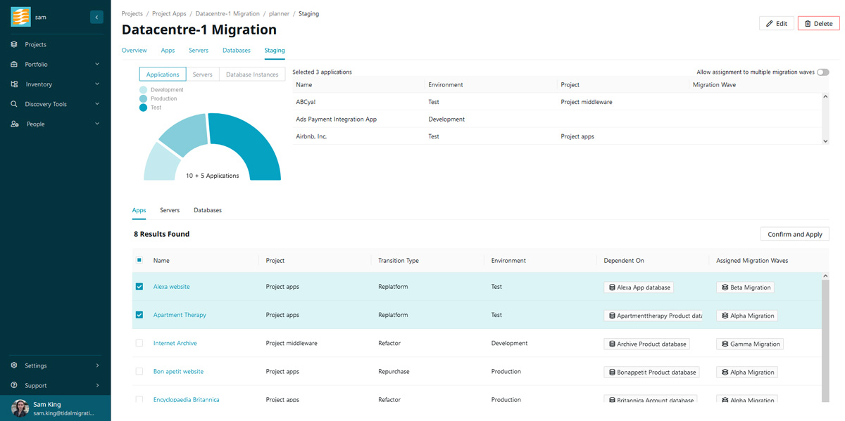 Tidal Accelerator Migration Wave Planner stage application view